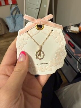 Gold Initial 'R' Pendant Necklace with Pink Accent Stones - Women Jewelry